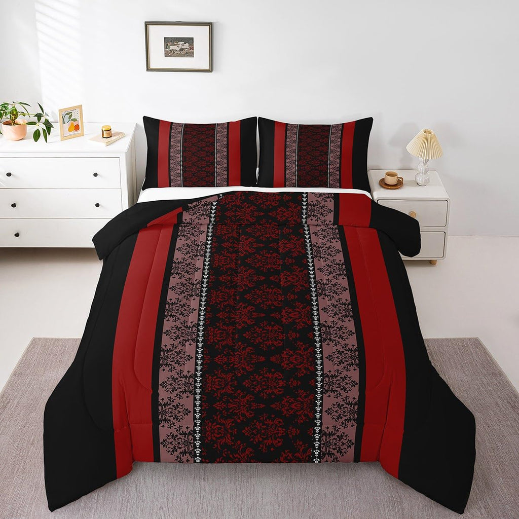 Adult Classic Jacquard Bedding Set Toddle Size Damask Pattern Comforter Set for Boys Girls Black Red Stripe Duvet Set