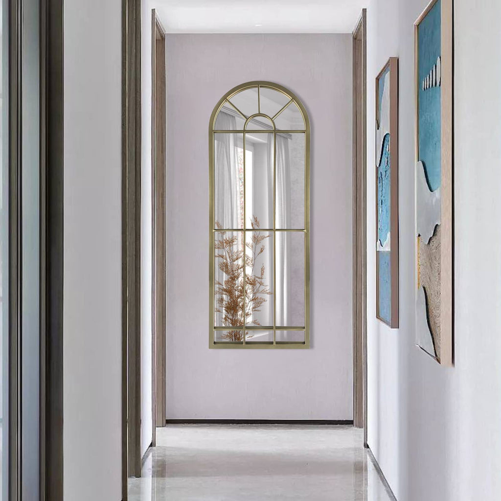 Wall Mirror Window Decorative Mirrors Arched Farmhouse Bedroom Entryway Bathroom Vanity(Gold,47" x17" x 1")