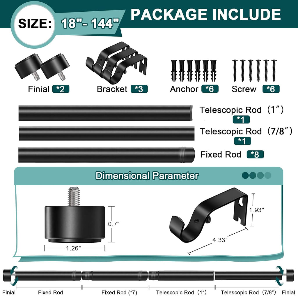 Heavy Duty 1" Adjustable Curtain Rod, 72-144 Inch Extra Long, Rust-Resistant Matte Black
