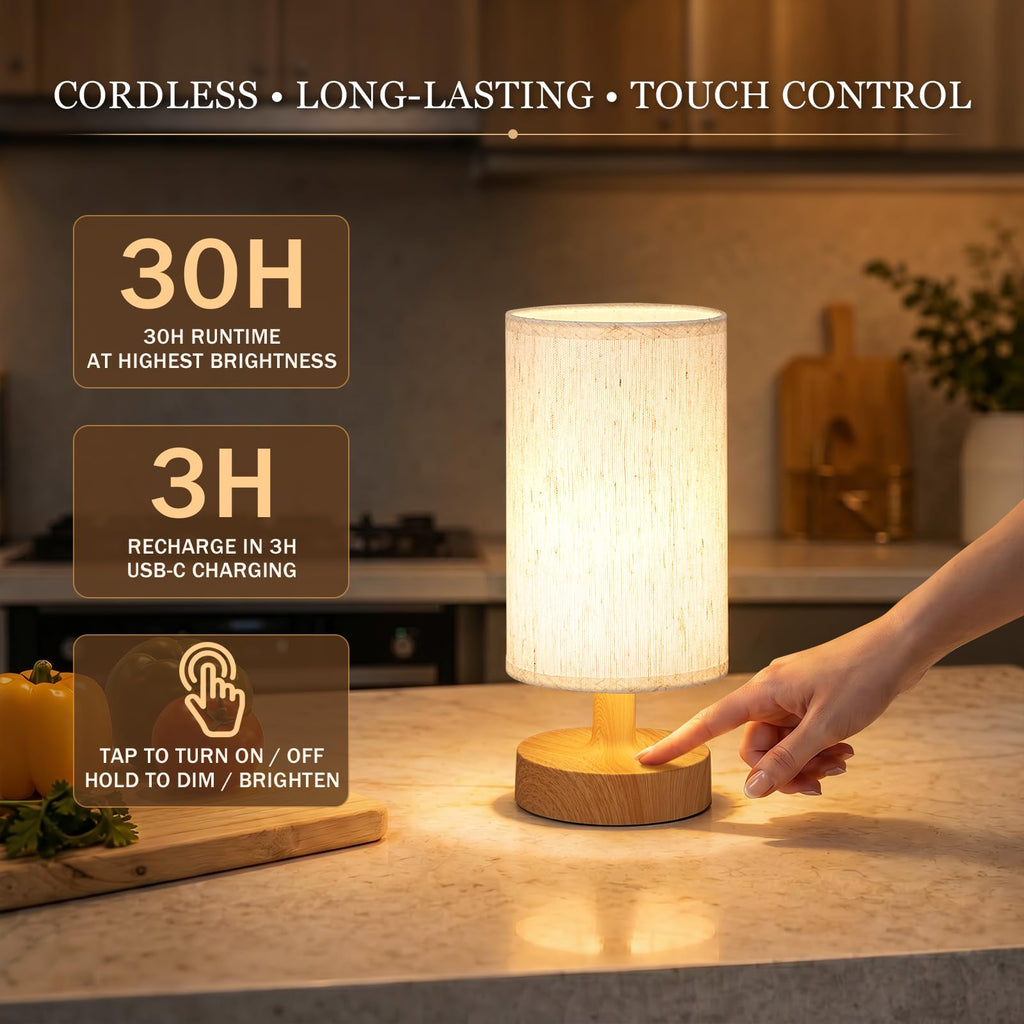 Cordless Table Lamp Rechargeable Small - 2 Pack Beige Wood, 4000mAh Battery Operated Lamp with Touch Control Stepless