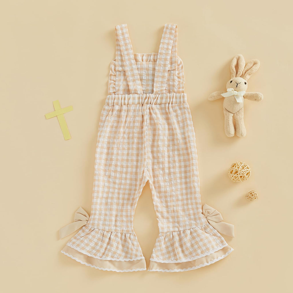 Toddler Baby Girl Easter Outfit Ruffle Bell-Bottom Bunny Embroidery Jumpsuit Romper Overalls Clothes (Easter Khaki