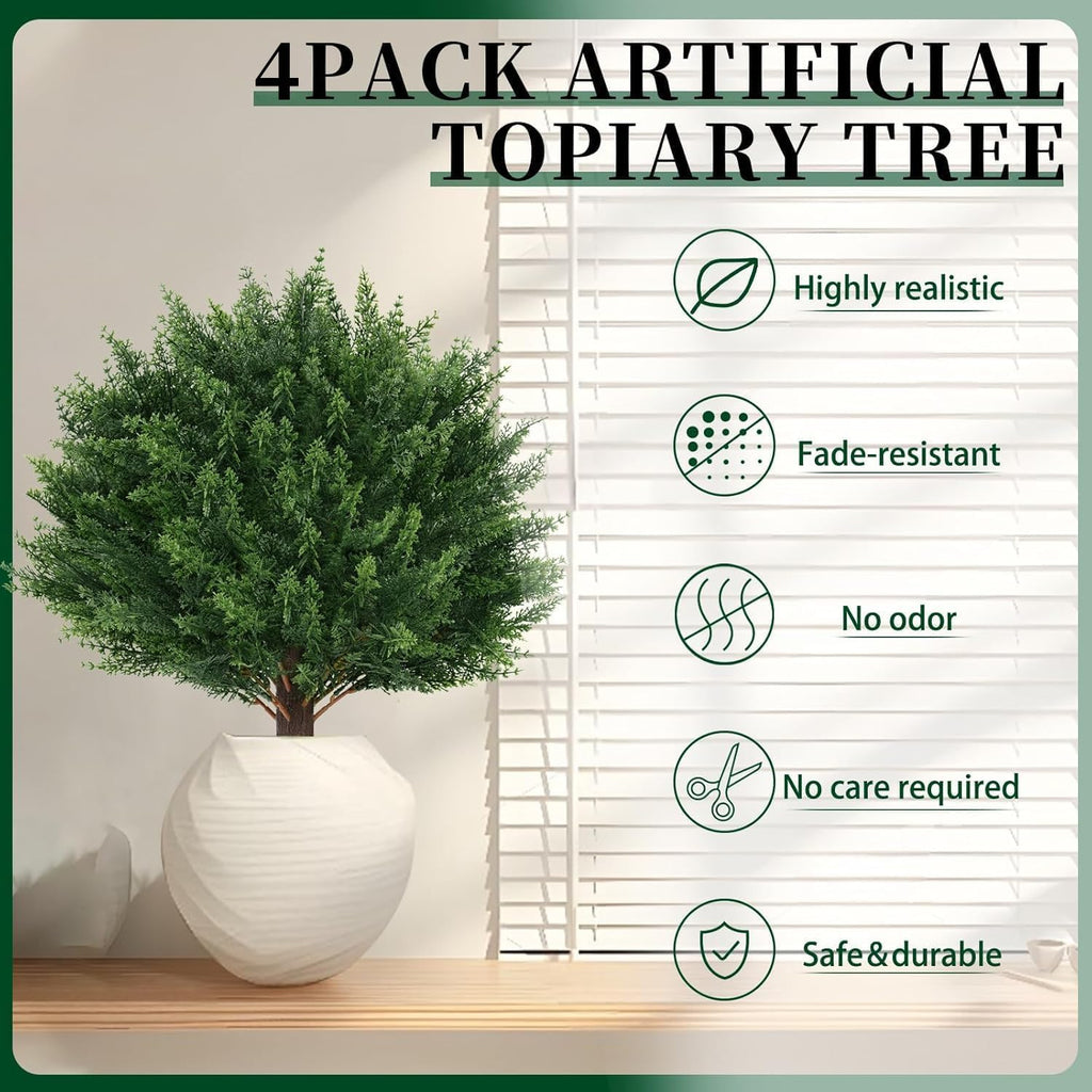 4Pack Artificial Cedar Topiary Ball Trees Outdoor, UV Resistant