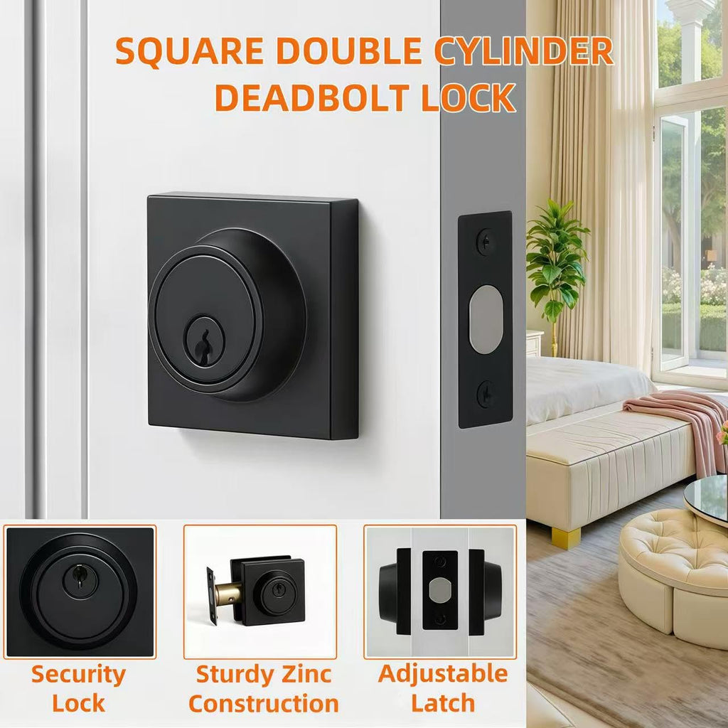 Matte Black Square Double Cylinder Deadbolt, keyed 2 Sides