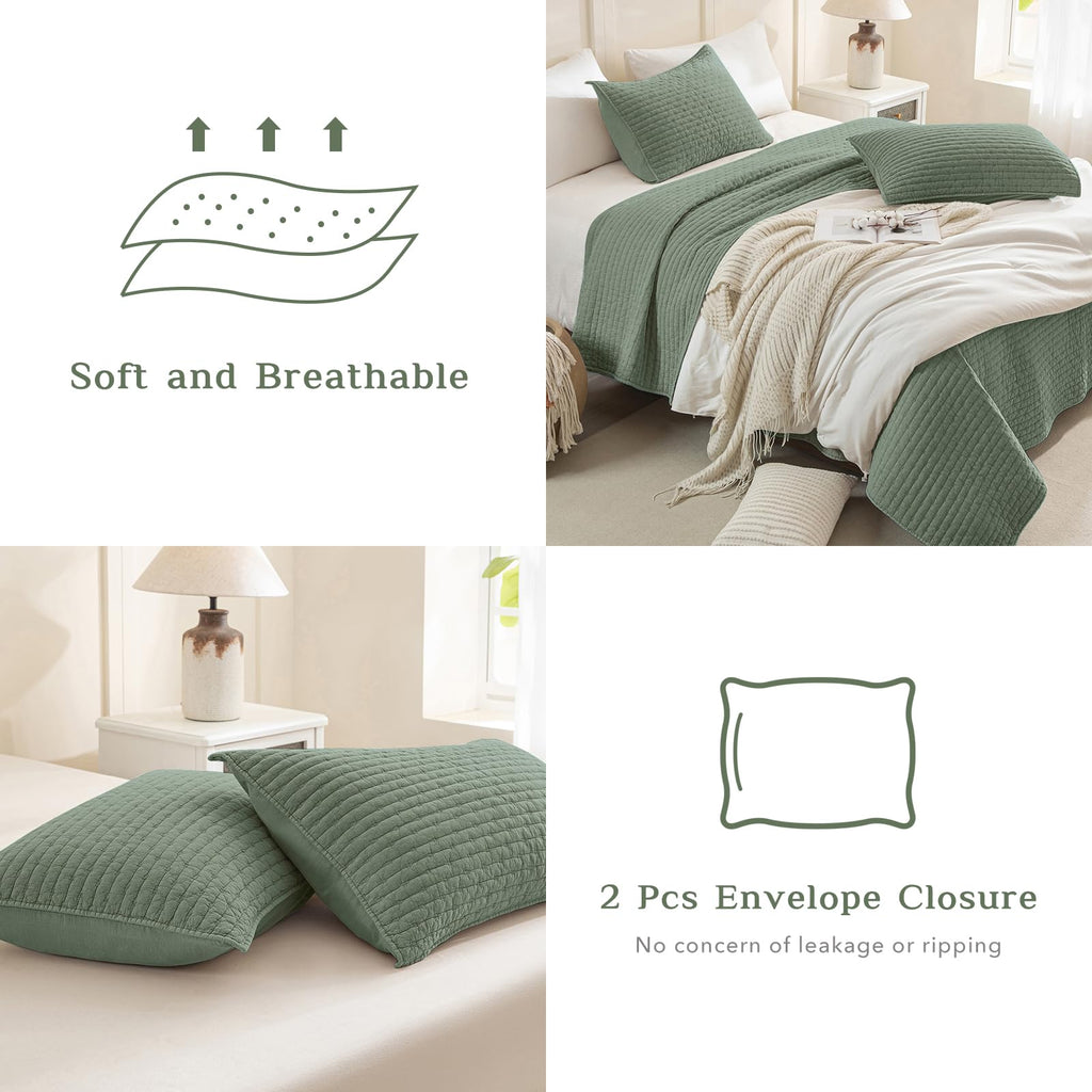 Quilt 128"x120", Stone-Washed Cotton Olive Green Bedspread, Soft Lightweight Extra Large