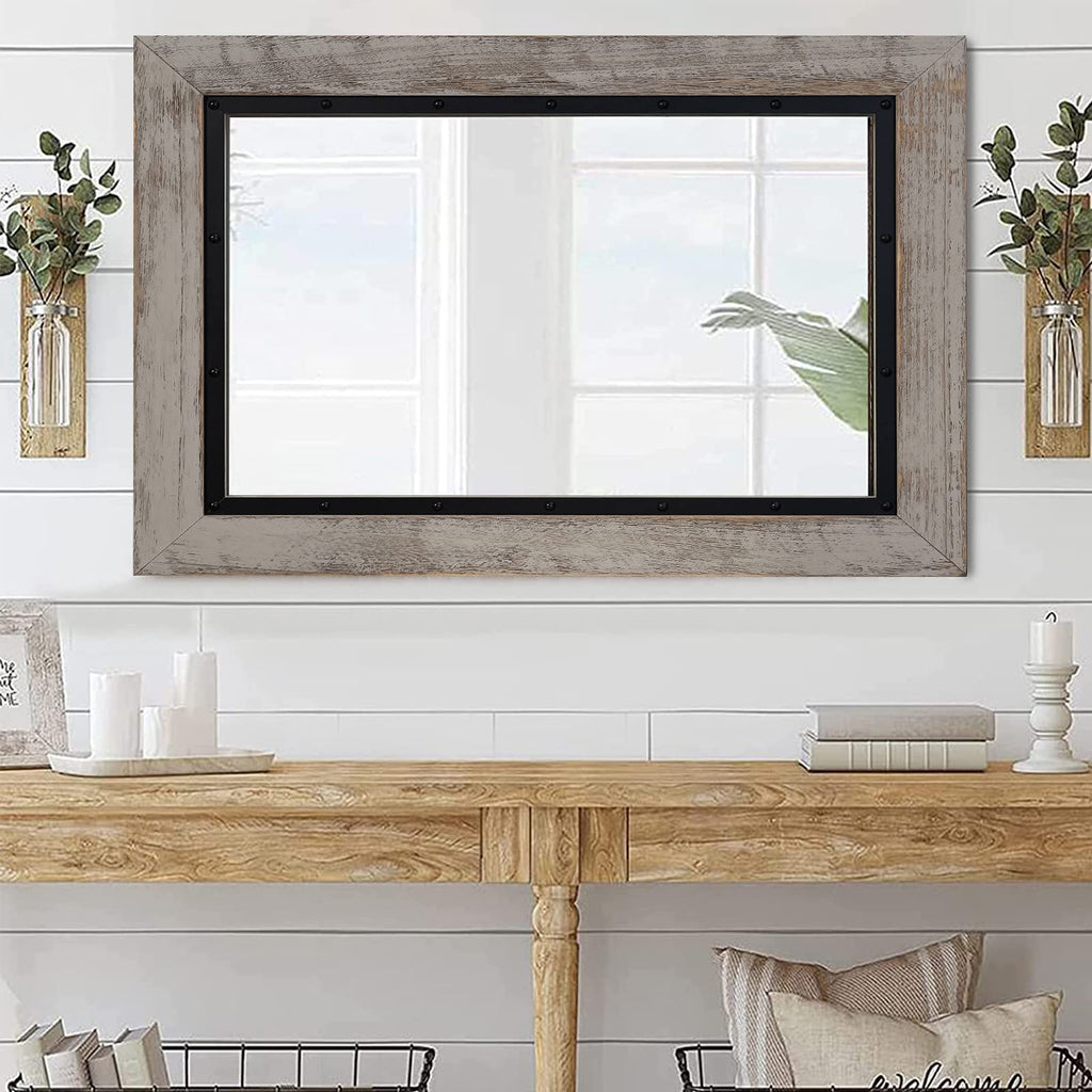 Rustic Wooden Framed Wall Mirror, 32"x24", Natural Wood and Iron Bathroom Vanity Mirror for Farmhouse Decor, Vertical