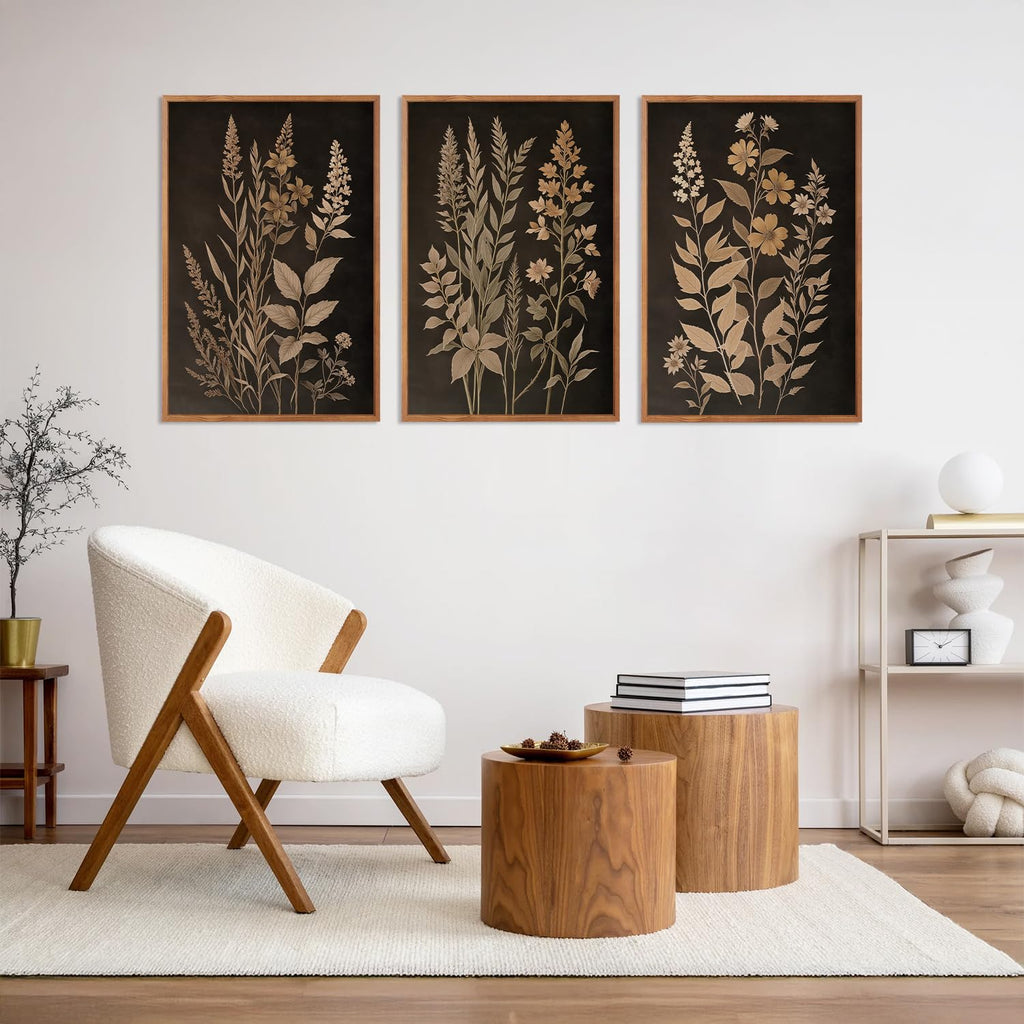Vintage Botanical Fern Framed Canvas Wall Art Set, Black and Tan Plant Leaves Wall Decor, Modern Farmhouse Art
