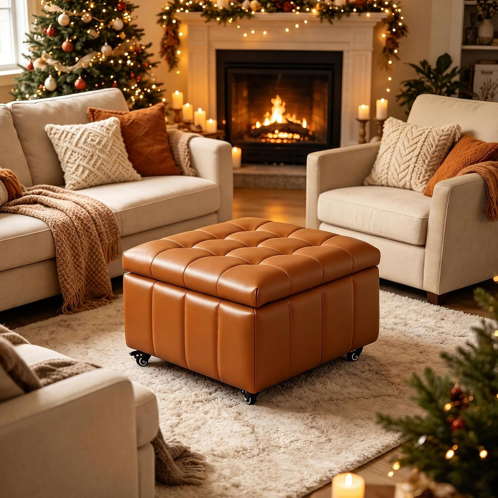 Square Leather Ottoman with Storage and Wheels,360°Rolling ottoman,Faux Leather Flip Top Storage Footstool Coffee