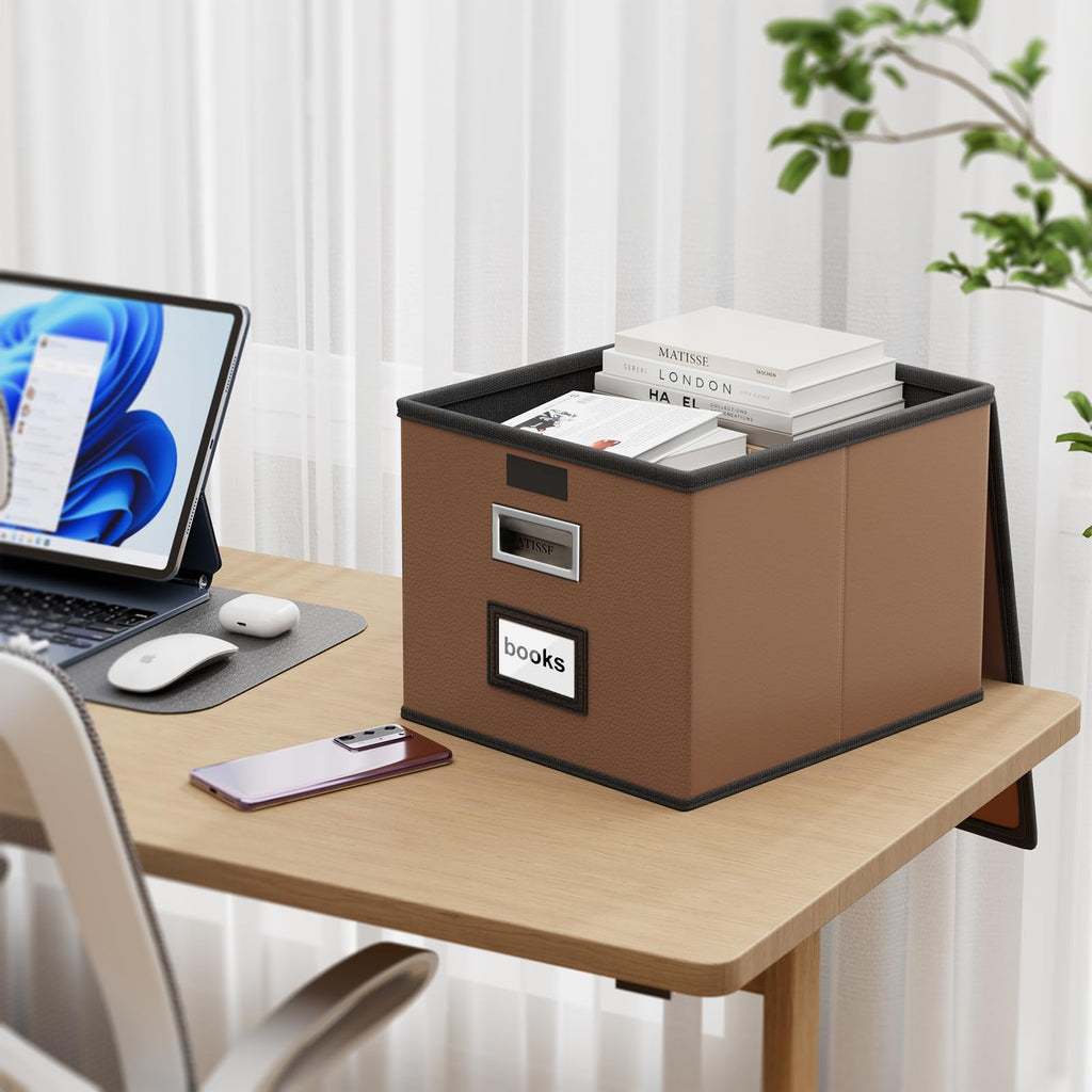 Foldable File Organizer Box with Lids (Brown, Leather)