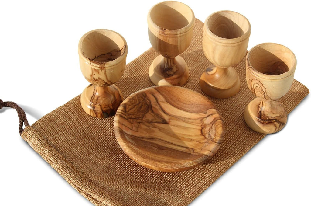 Olive Wood Communion Cups & Bread Plate Set - 4 Hand-Carved Kiddush Goblets with Tray from Bethlehem - Authentic Holy