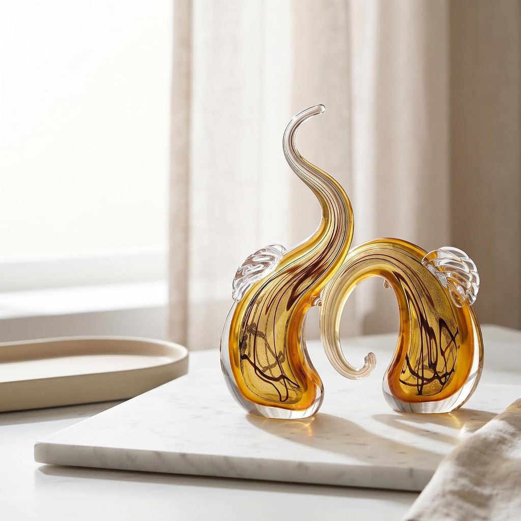 Hand Blown Elephant Statues Set - Luxury Sculptures Home Decor Art Glass Ornament Animal Collectible (Gold) - Set of 2