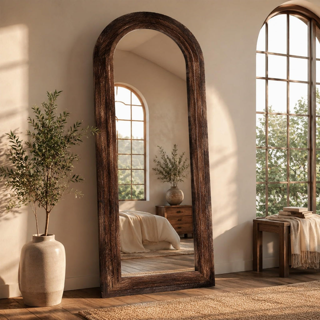Arched Full Length Mirror with Solid Wood Frame, 65x22, Brown