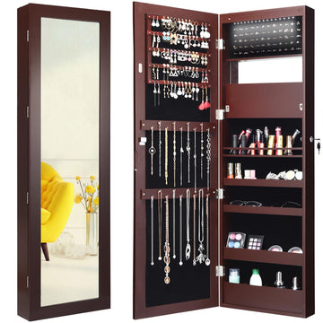 LED Jewelry Cabinet Wall Mounted Door Hanging, Lockable Jewelry Armoire with 47.2'' Full Length Mirror, Foldable