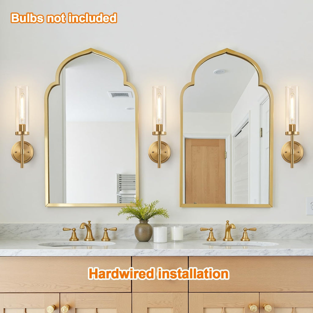 [Hardwired] Wall Sconces Set of Two, Brushed Gold Bathroom Sconces with Clear Glass, Modern Wall Light Fixtures for