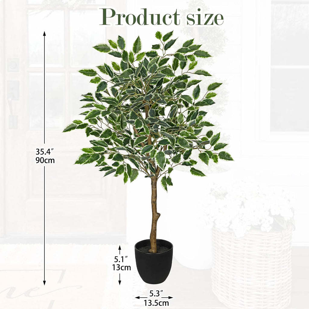 3Ft Ficus Tree Artificial Plants Indoor with Realistic Trunk, Tall Fake Potted Tree Faux Floor Plant, Artificial Tree