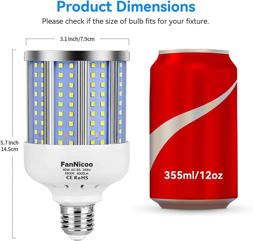 2 Pack 280W Equivalent LED Corn Light Bulb, 4000 Lumen 6500K Cool White Daylight 40W LED Corn Lamp,E26/E27 Medium