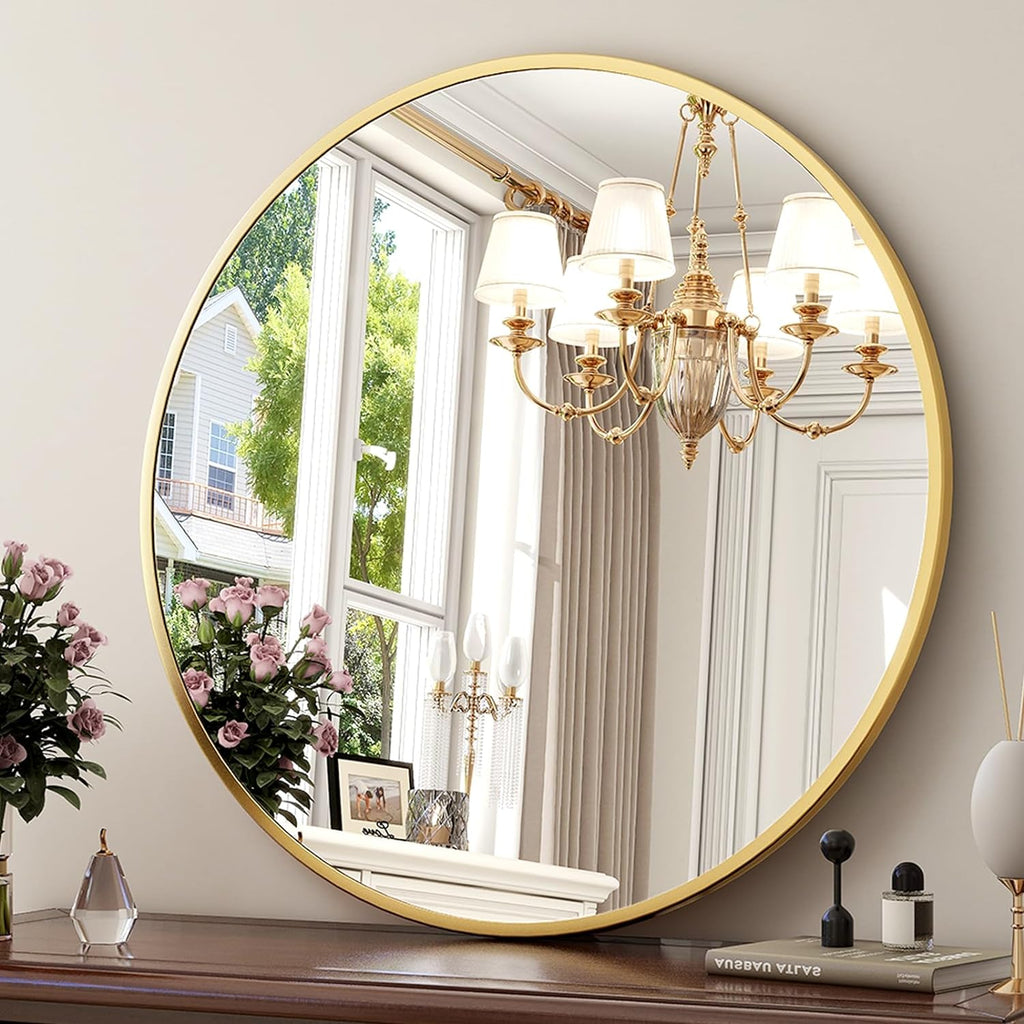 30 Inch Round Mirror - Circle Mirrors Wall Decor, Modern Hanging Vanity Mirror, Matte Gold Circle Decorative Wall Mirror