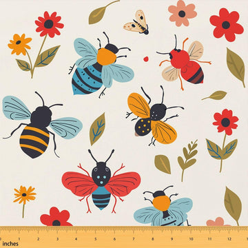 Cartoon Bees Fabric by The Yard - Spring Summer Flowers Leaves DIY Art Waterproof - Jungle Animals Wild Plants