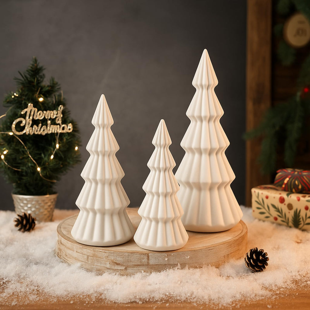 Set of 3 Velvet Ceramic Christmas Tree Decor, Cream White