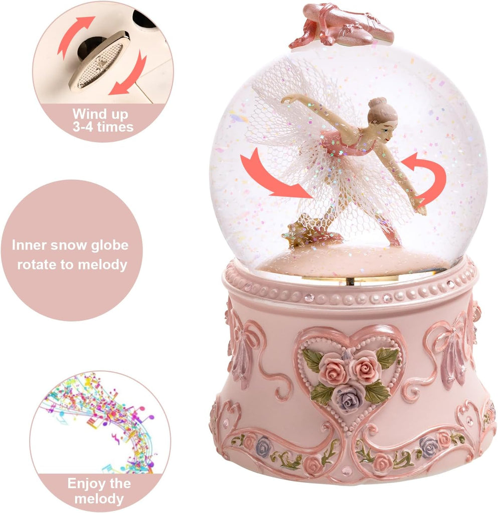 Ballerina Snow Globe Music Box with LED Lights - Classic Ballet Dancer Gift, Clear Glass Globe, Perfect for Ballet