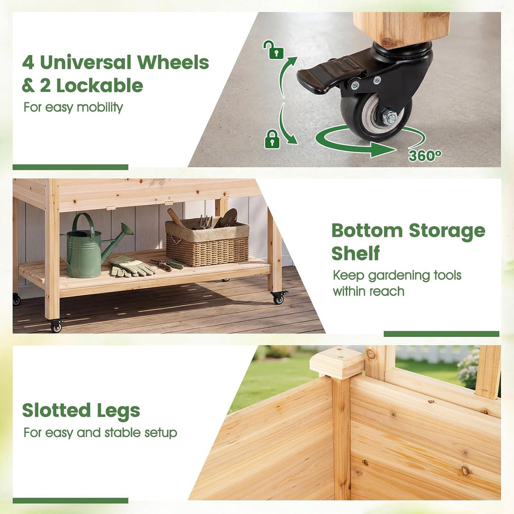 65'' Wooden Raised Garden Bed w/Trellis on Wheels, Mobile Elevated Planter Box w/Legs, Liner & Drainage Holes for