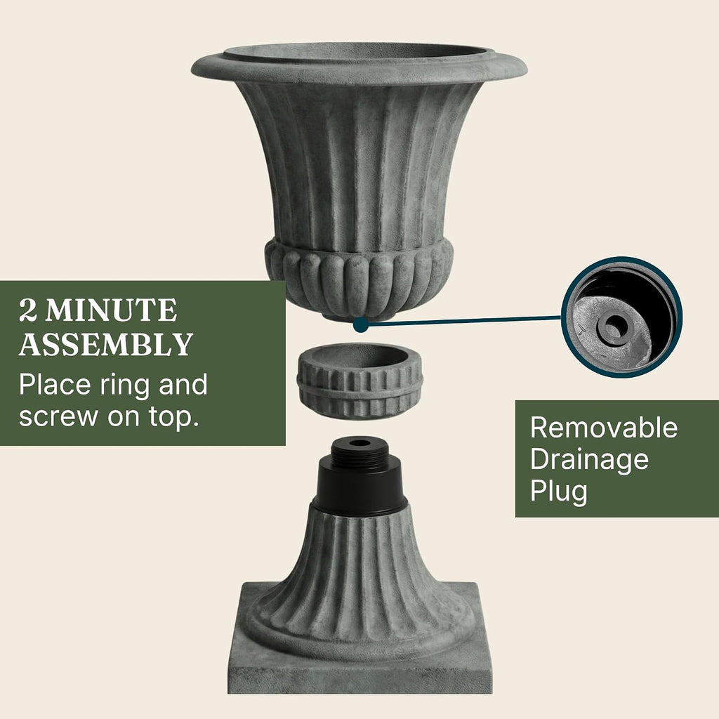 Urn Planters 22", Set of 2, Tall Stone-Resin Pedestal Planters for Outdoor Plants, Large Front Porch Decor, Patio
