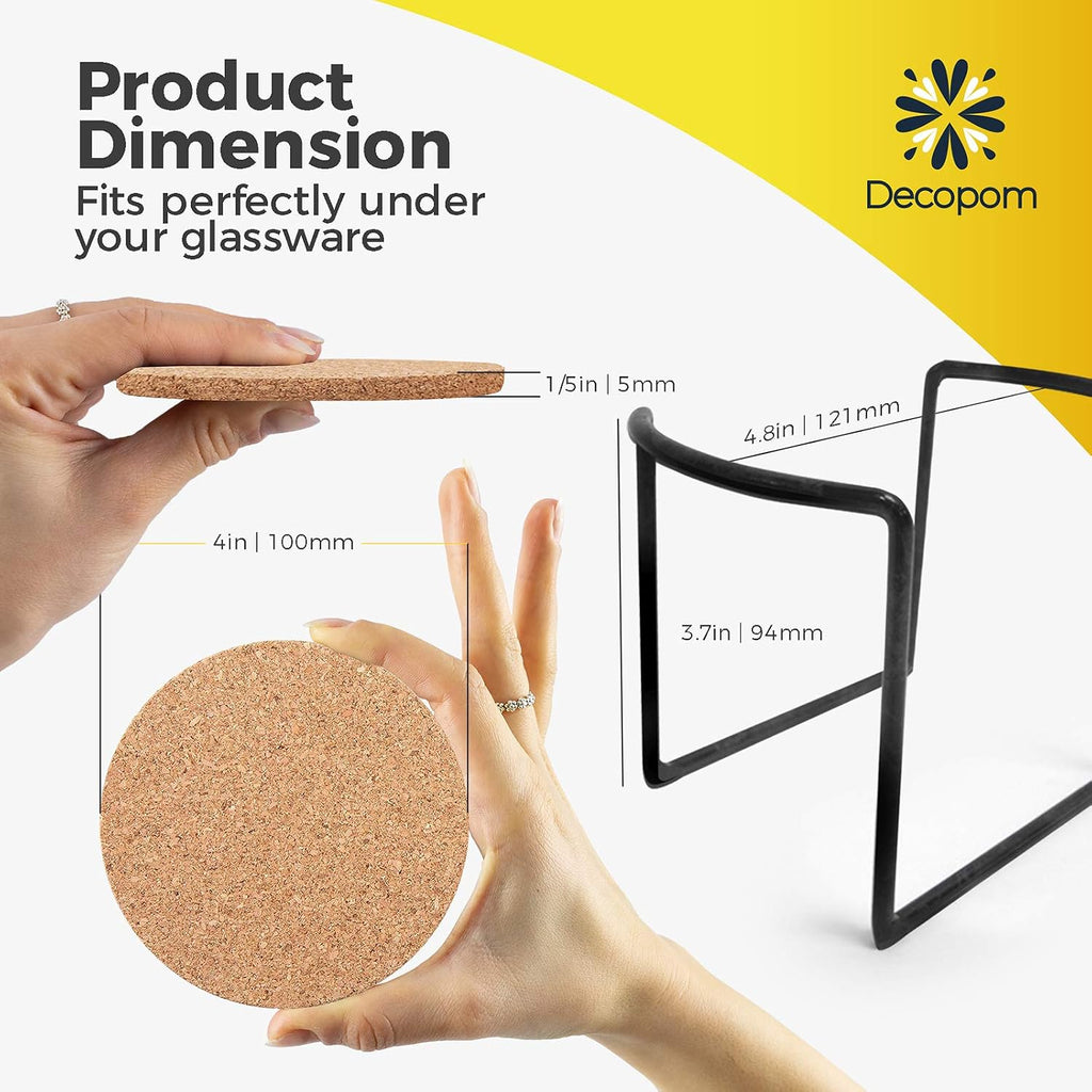 Cork Coasters for Drinks with Metal Holder - Round 4 inch Drink Coaster Thick Absorbent Heat-Resistant Saucer - Set of 16