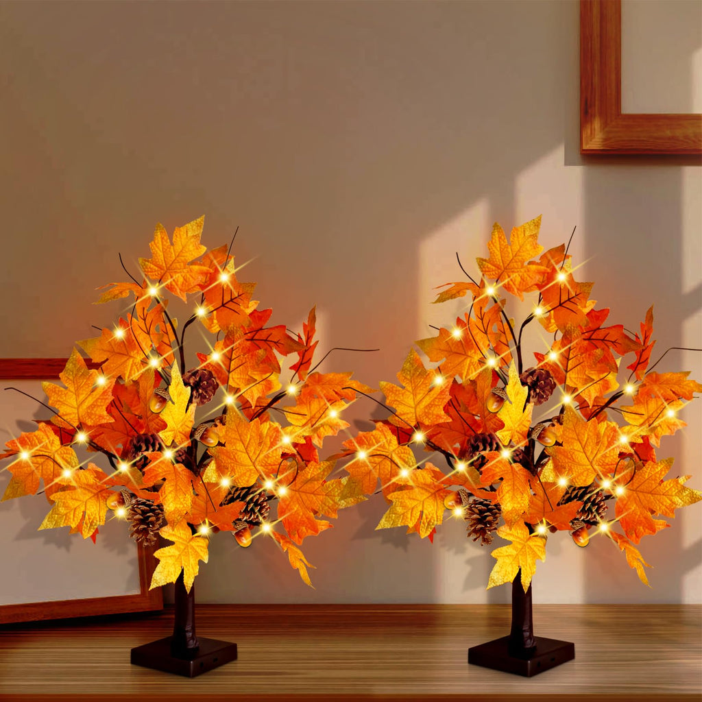 2 Pcs 24 Inch Artificial Fall Tree Lighted Maple Tree Battery USB Operated w/Timer, 24 LED Thanksgiving Decorations