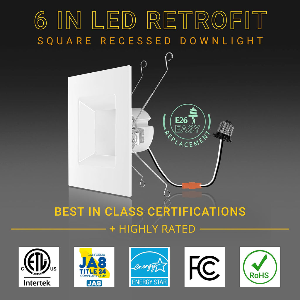 6 Inch Retrofit LED Square Recessed Lighting, CCT 2700-5000K, 4 Pack