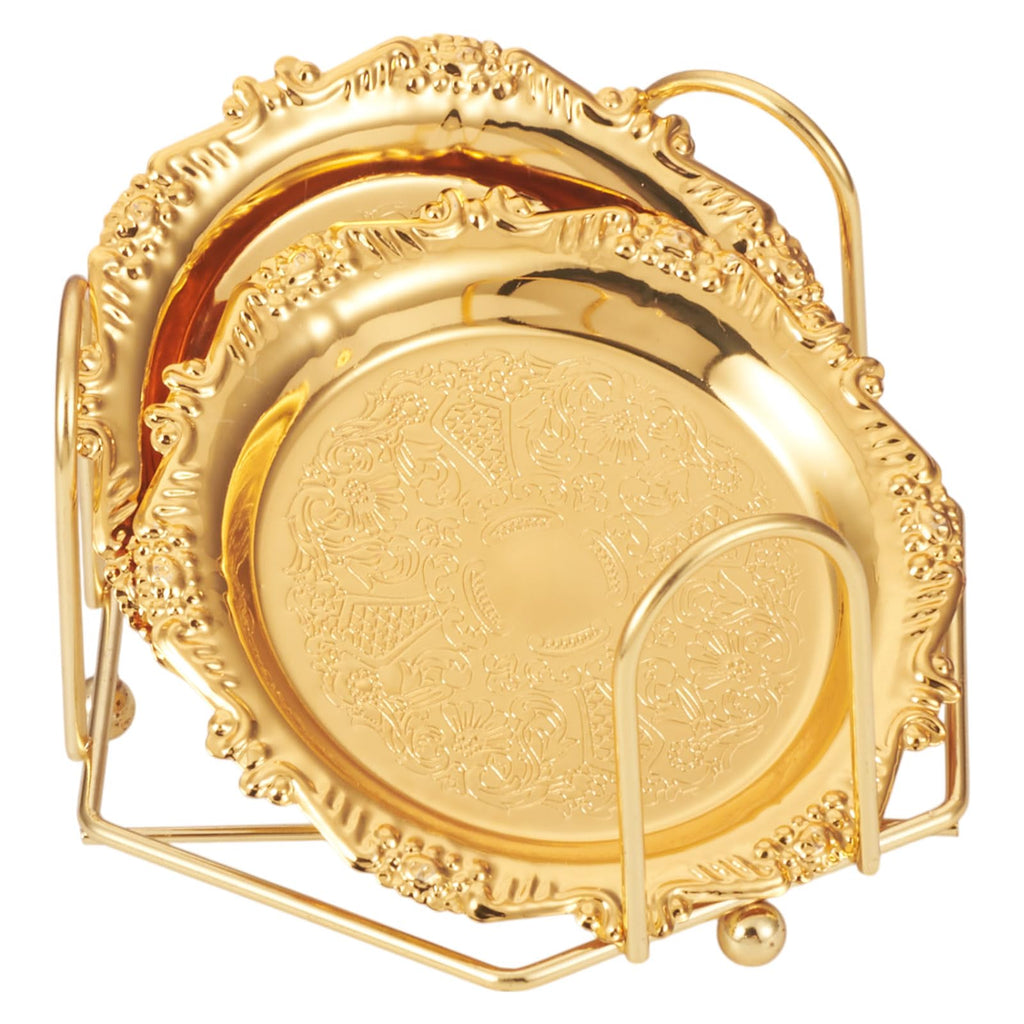 6 pcs Gold Drink Coaster with Holder Vintage Coasters Round Coasters Metal Cup Mats for Wedding Coffee Table Glass