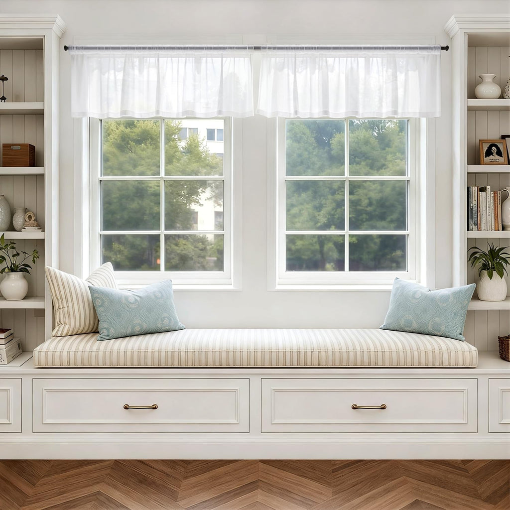 White Valance for Windows, 4 Panels Set, Light Filtering Small Short Valance Sheer Curtains , 42W x 14 Inches