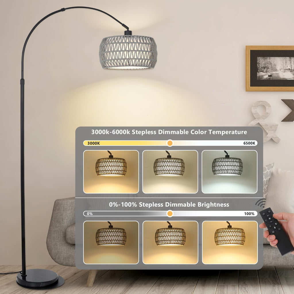 Arc Standing Lamp, Boho Floor Lamps with Remote and LED Dimming Bulb, Rattan Tall Lamp with 3 Color Temperatures