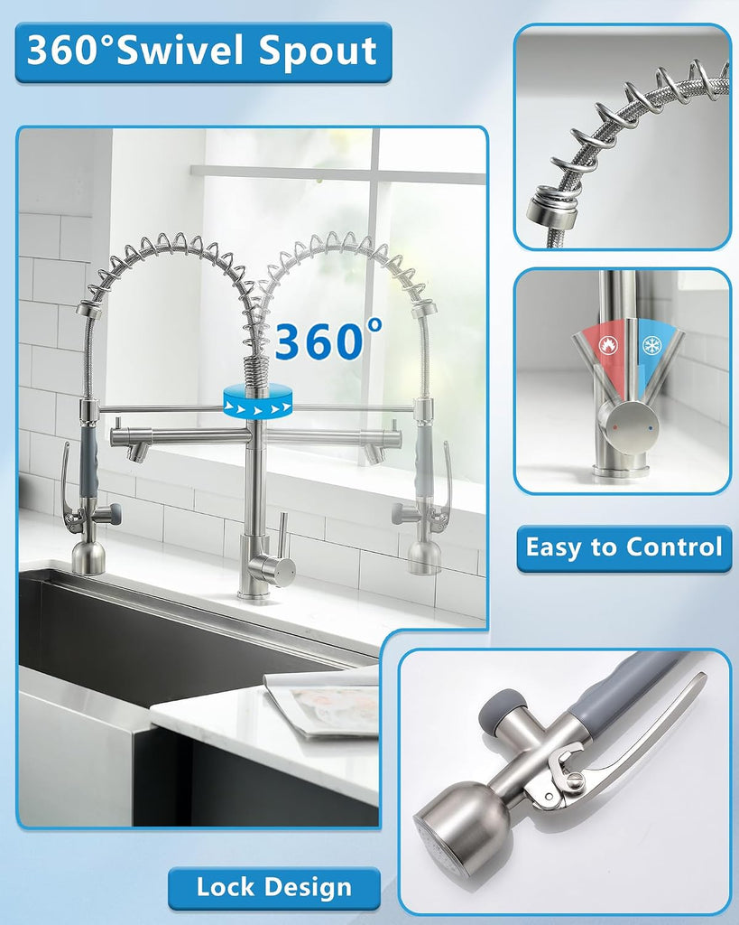 Commercial Pull Down Sprayer Brushed Nickel Kitchen Faucet | Single Handle Kitchen Sink Faucet with LED Light