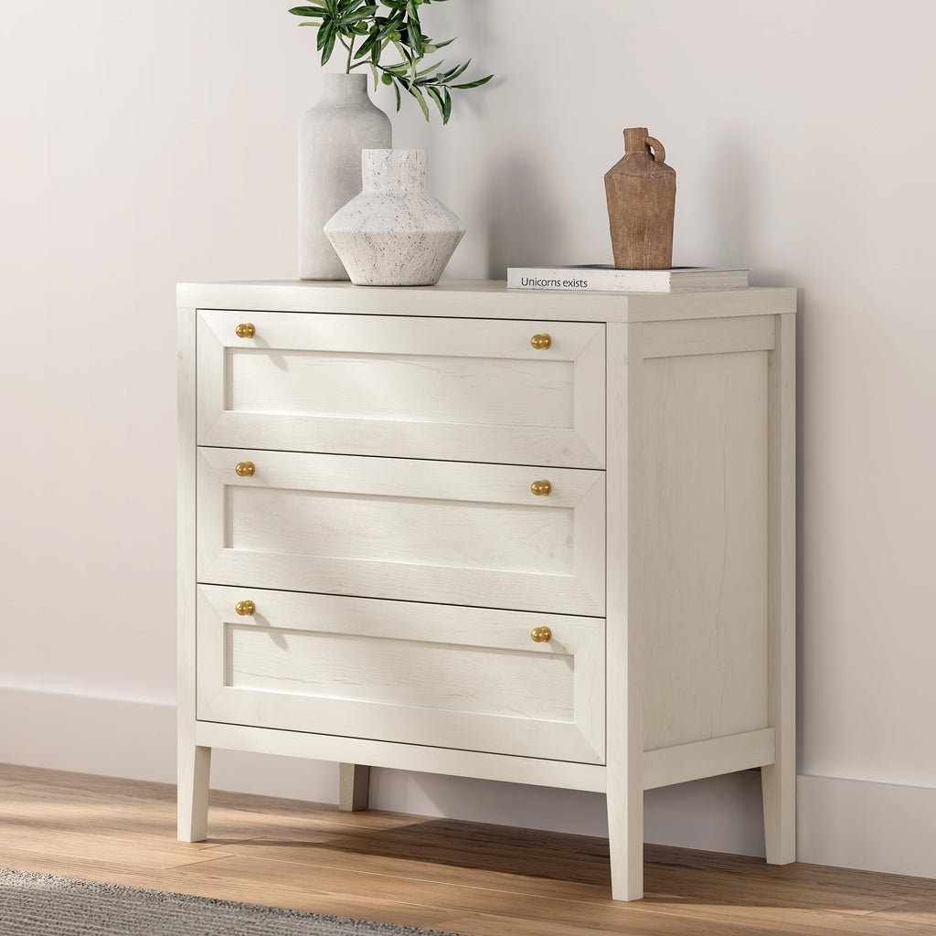3 Drawer, Modern Farmhouse Chest of Drawers with Golden Handles, Large Wood Tall Nightstand, Storage Cabinet Side