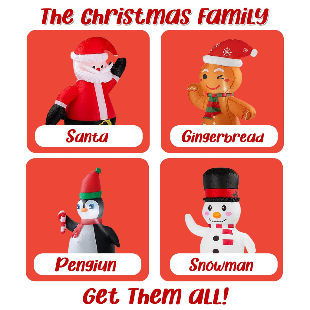Christmas Inflatable Car Decoration Car Buddy with 12V Car Plug, 4-Pack Santa, Snowman, Gingerbread & Penguin LED