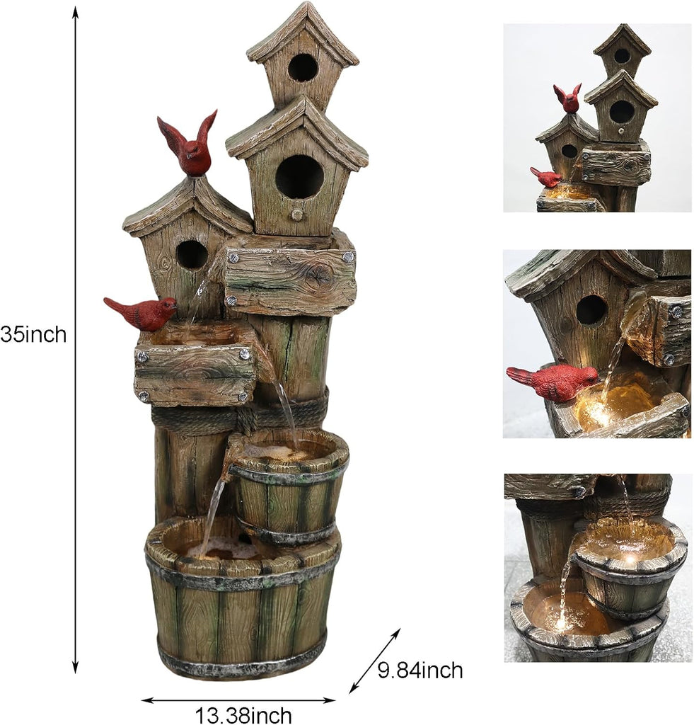 35" Tall Outdoor 4-Tier Birdhouse Floor Standing Water Fountain with LED Lights