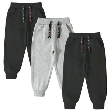 Boys Pants Sweatpants,3 Pack Cotton Pull On Jogger Pants Black/Grey