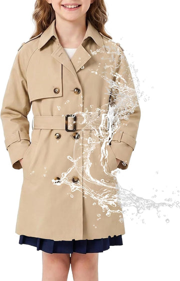 Girls Waterproof Trench Coat Double Breasted Rain Jacket khaki