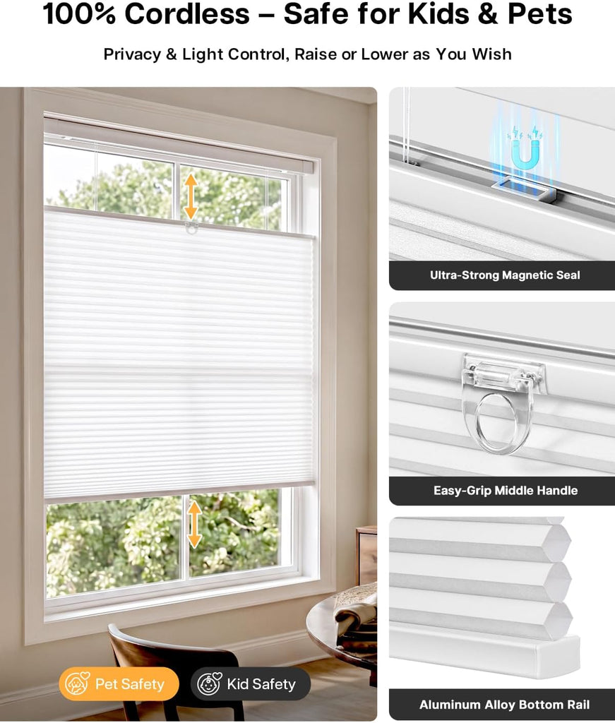 TDBU Cellular Shades, White | No Drill Cordless Top Down Bottom Up Honeycomb Blinds, 1.5 Inch Cell Easy Install No