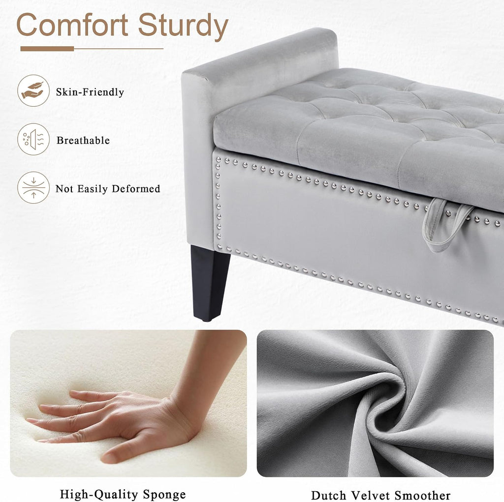 Velvet Storage Ottoman Bench, 46'' Upholstered Button Tufted End of Bed Bench, Modern Storage Bench , Grey