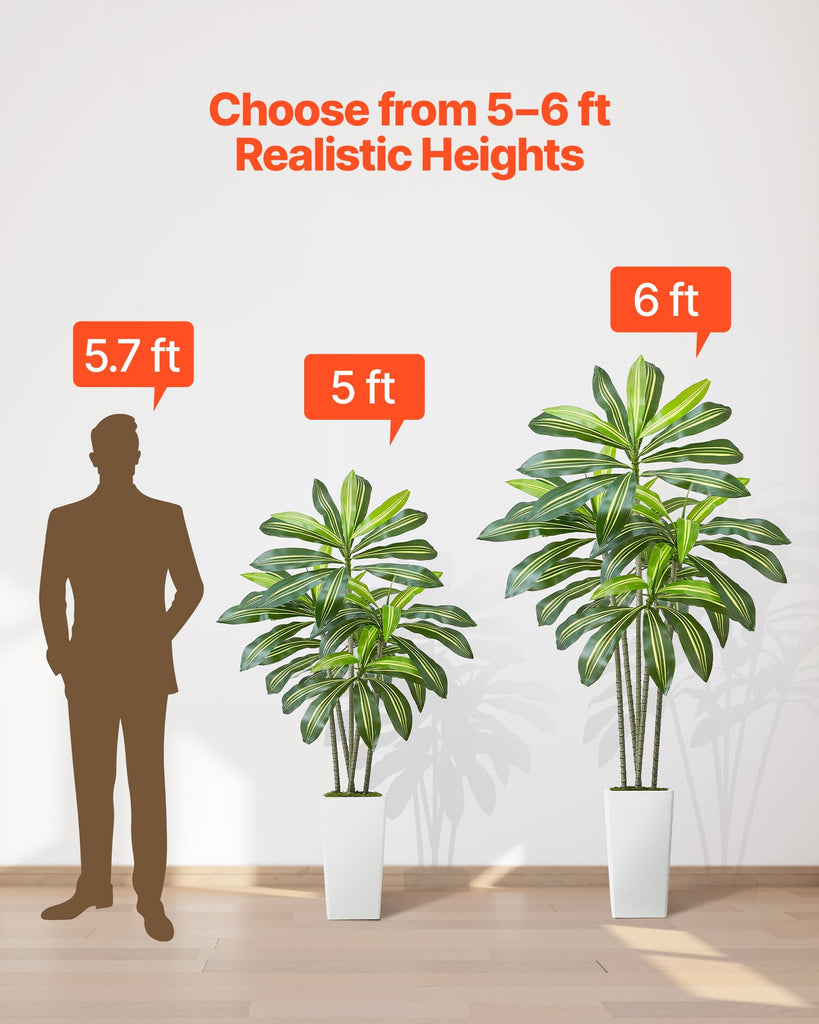 Artificial Dracaena Tree 5 ft, Fake Palm Tropical Plants with White Tall Planter, Faux Floor Silk Plant in Pot, Large