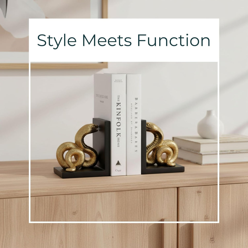 Elegant 6-Inch Polyresin Snake Bookends in Striking Gold and Black