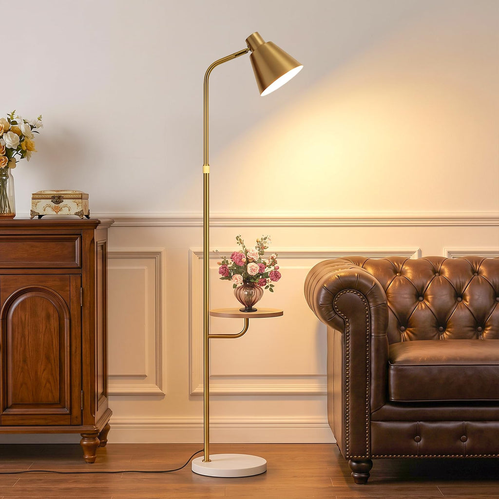 Gold Brushed Floor Lamp with Side Table Bedroom, Modern Standing Lamp 12W LED 3-Color Dimmable 3000K/4500K/6500K