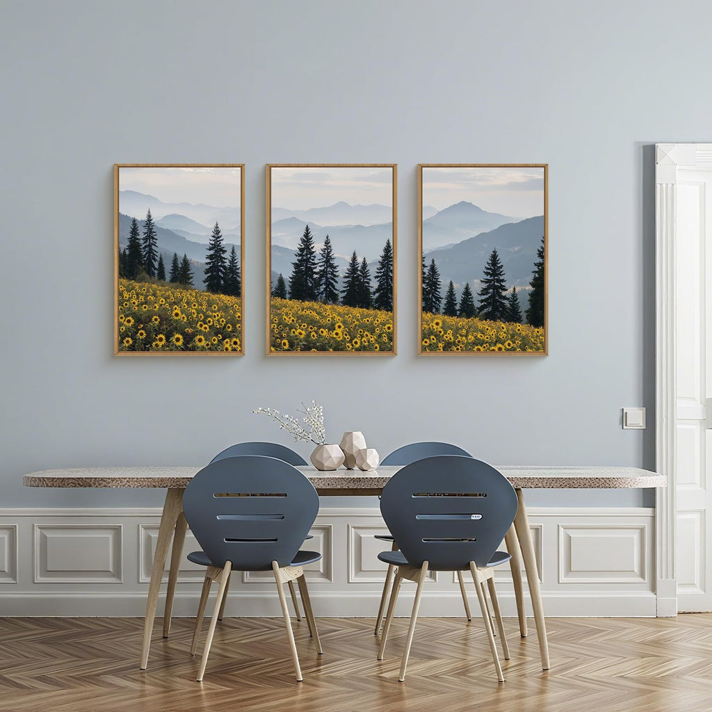 Large Boho Wildness Sunflowers Framed Canvas Wall Art Set, Nature Pine Tree Mountain Wall Decor, Misty Forest