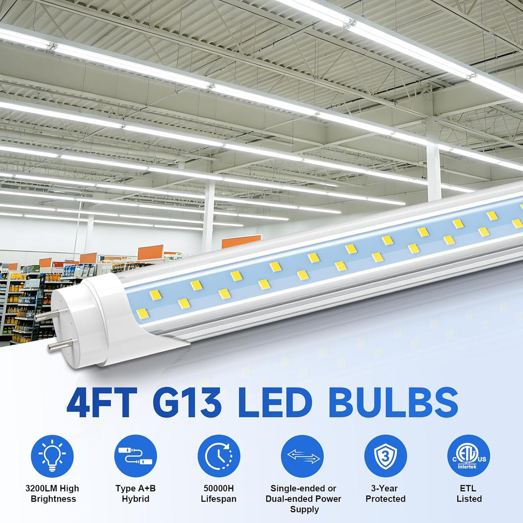 12 Pack Type A+B T8 LED Bulbs 4 Foot, 24W 3200LM, 6000K Cool White