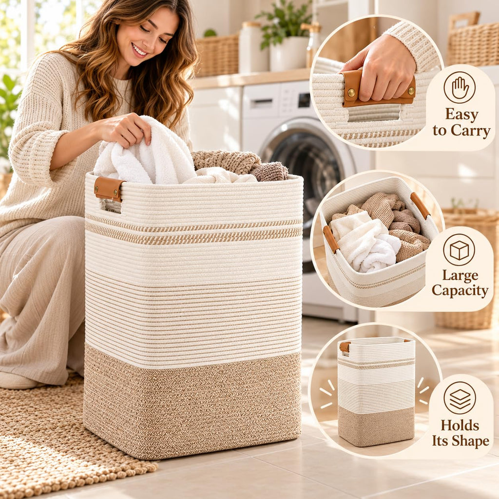 Laundry Hamper, Cotton Rope Laundry Basket with Leather Handles, 21.1-Gallon/80 L Large Clothes Hampers for Laundry
