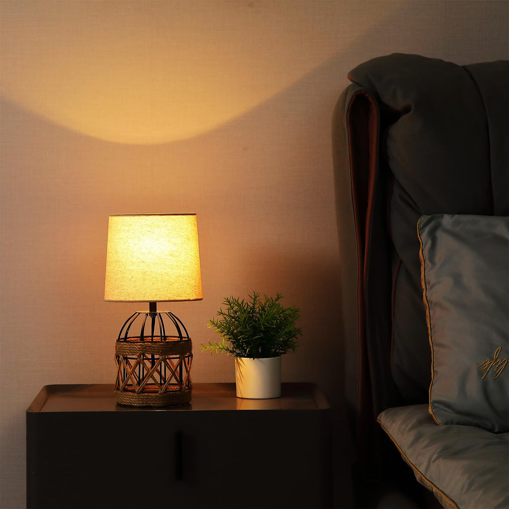 2 Pack Boho Rattan Table Lamps, Small Bedside Nightstand Lamp with Metal Cage Base Linen Shade, Farmhouse Coastal
