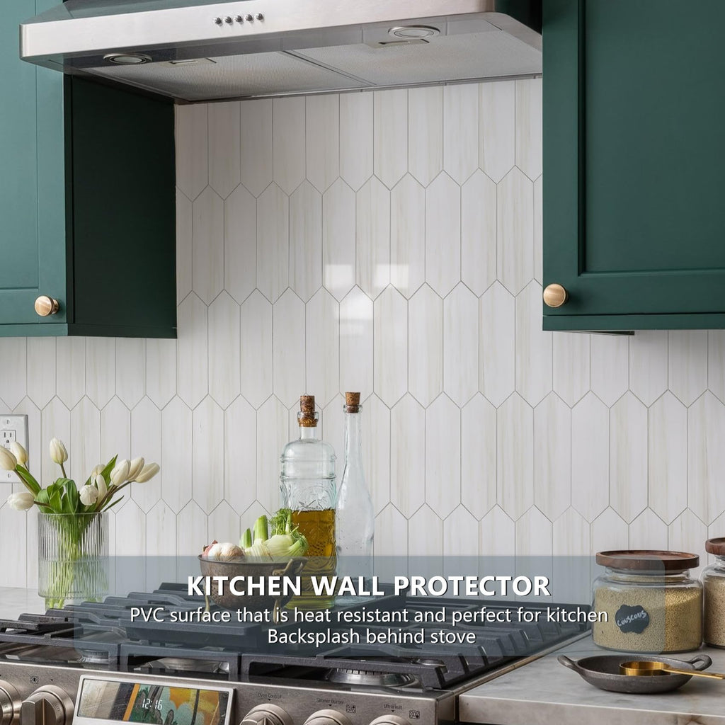 Glossy Dolomite White Backsplash Tile Peel and Stick, 12.8 x 12.8 Inch 10 Sheets Long Hexagon PVC Self Adhesive