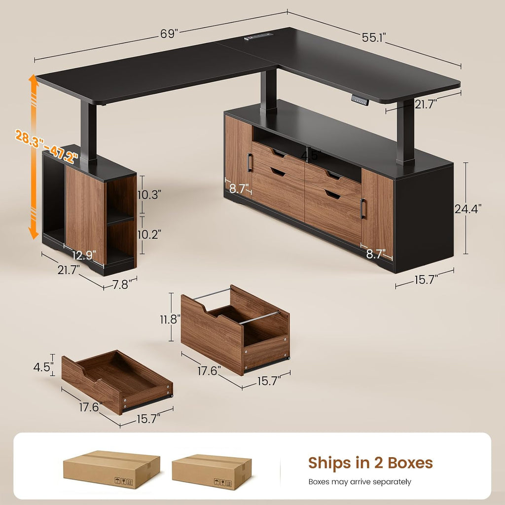 Modern L Shaped Executive Electric Standing Desk with 4 Drawers | 69" x 55" Height Adjustable Office Desk with