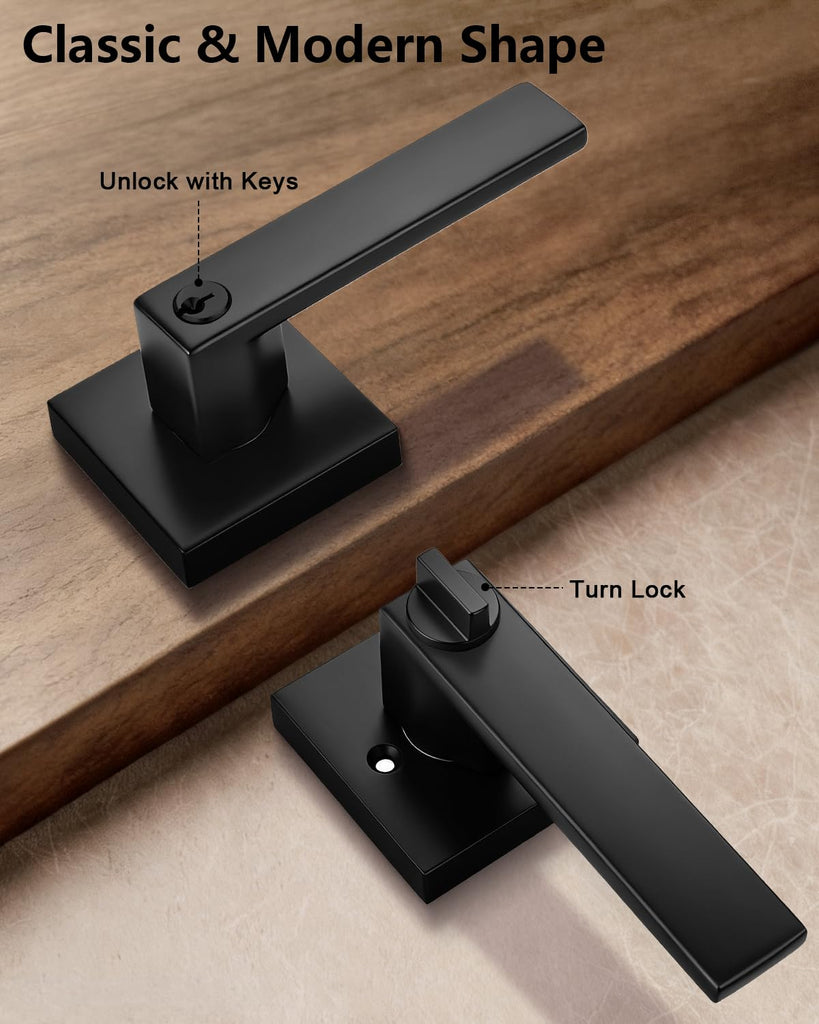 Entry Door Levers Matte Black with Different Keys, Heavy Duty Hardware for Exterior Front and Back Door,Lockable
