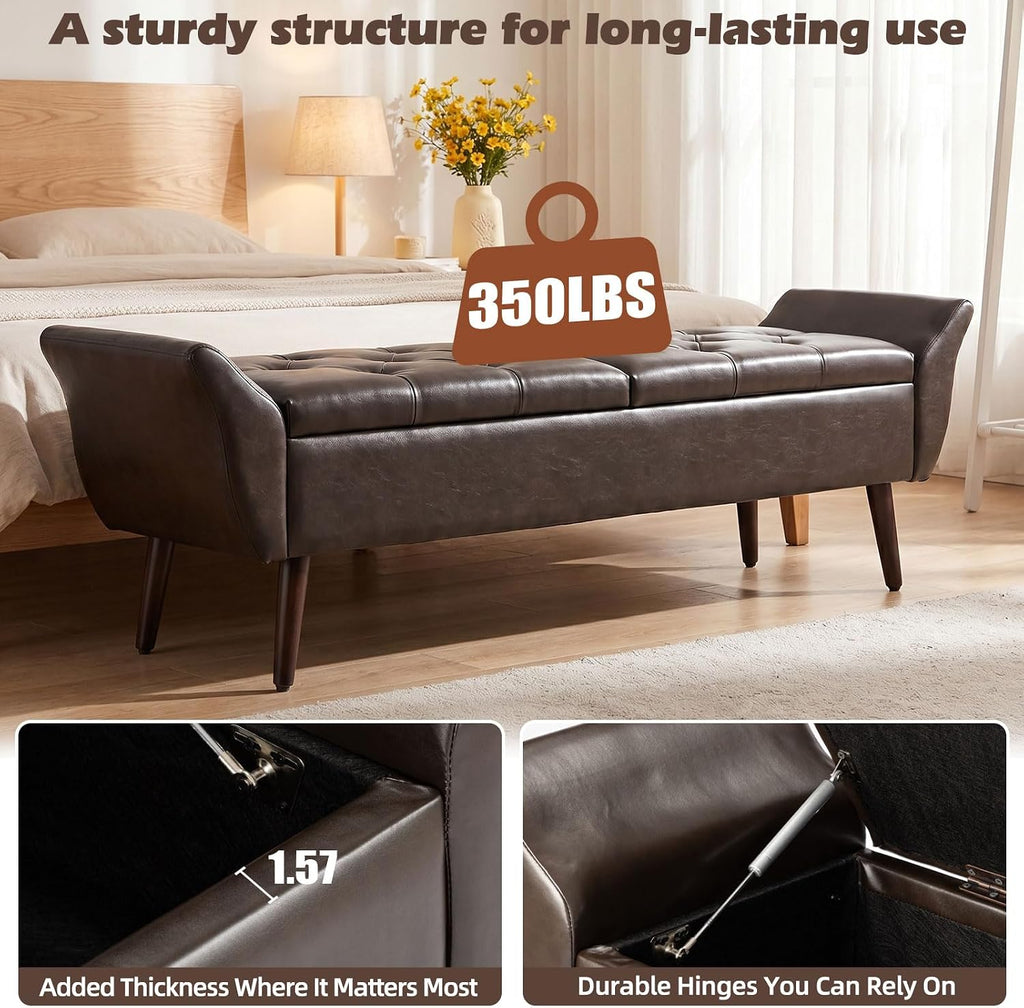 Storage Ottoman Bench 64''Length 65L Faux Leather End of King Bed Bench